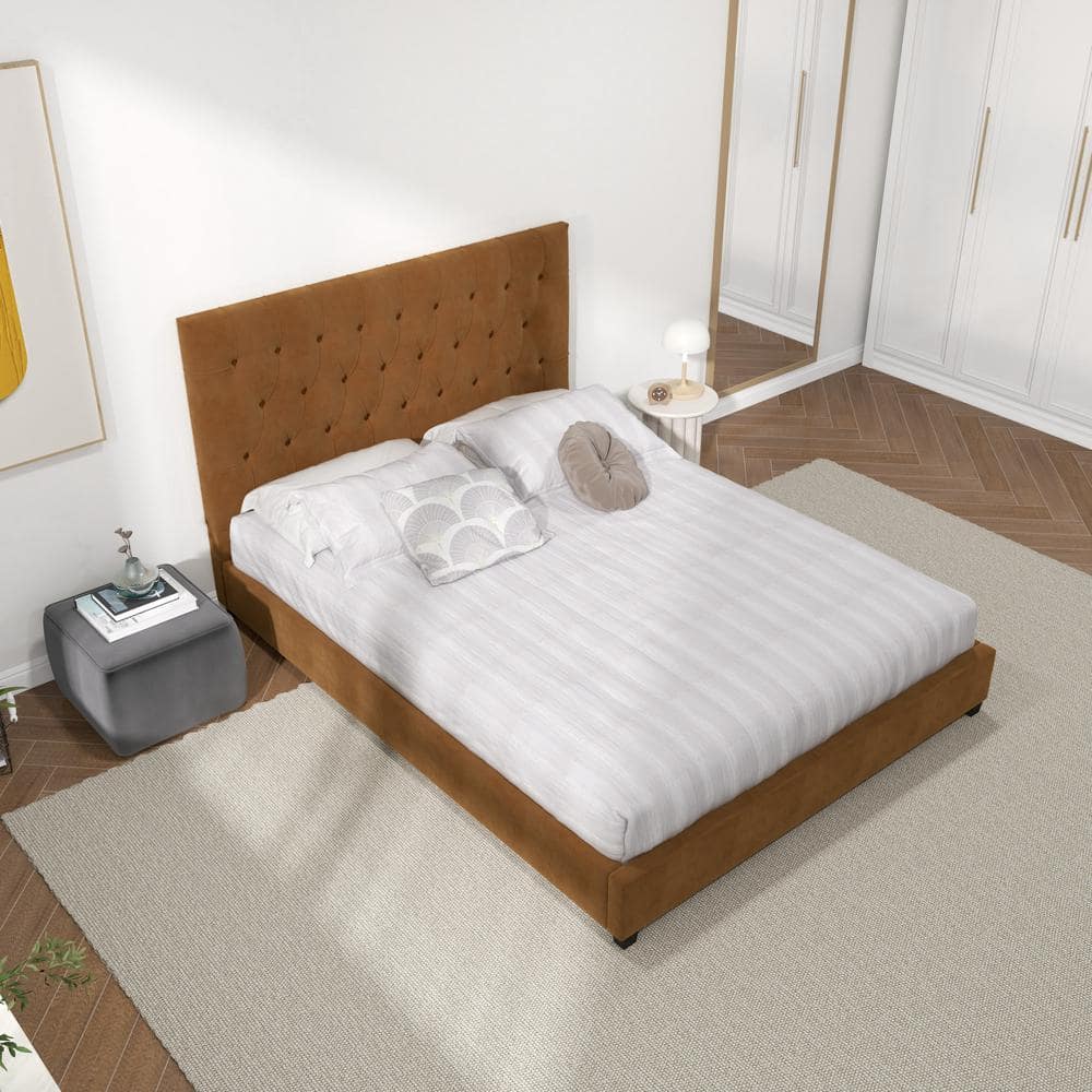 Elda Walnut Queen Platform Bed with Tufted Velvet Upholstery
