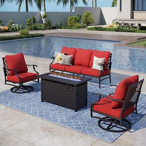 Black Metal Meshed 5 Seat 4-Piece Steel Outdoor Fire Pit Patio Set with Red Cushions Black Rectangular Fire Pit Table