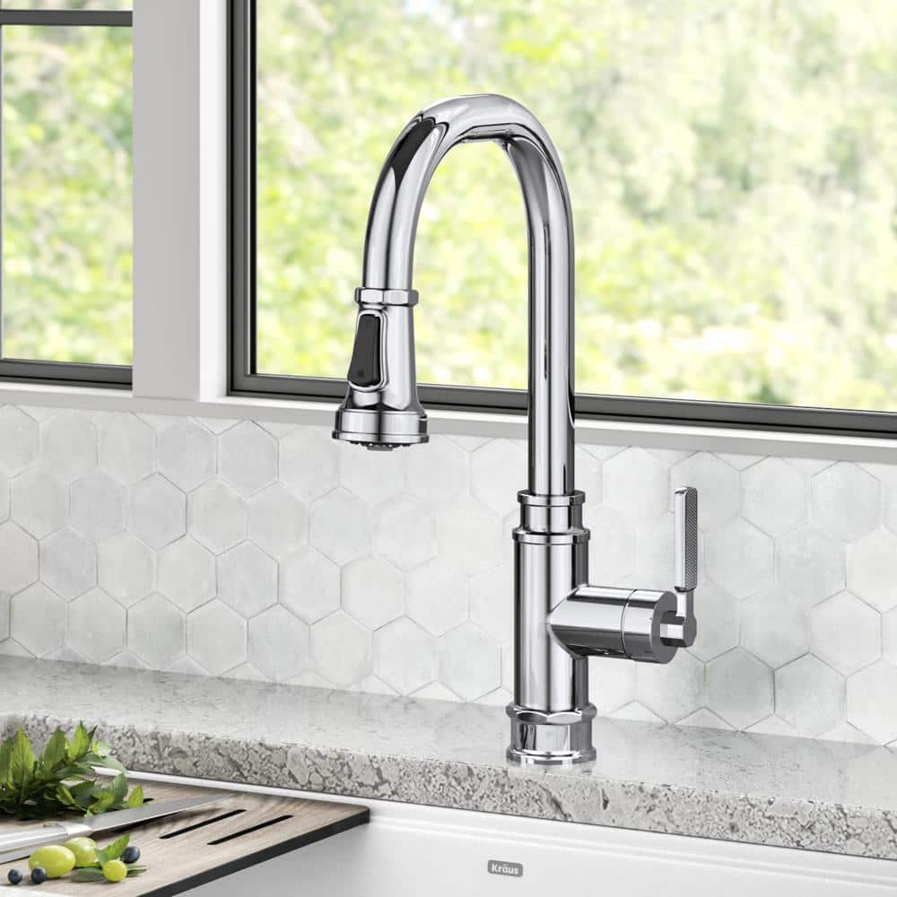 Chrome Industrial Pull-Down Single Handle Kitchen Faucet