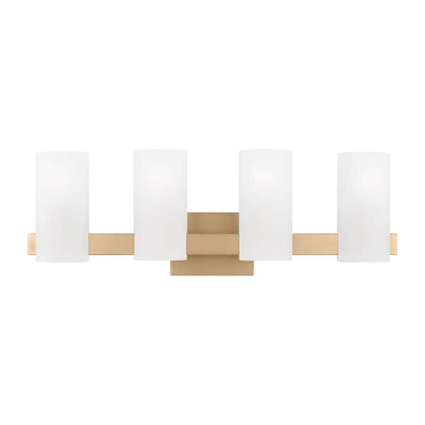 SCOTT LIVING Rhode 27 in. 4-Light Satin Brass Extra Large Vanity Light with Etched Glass Shades
