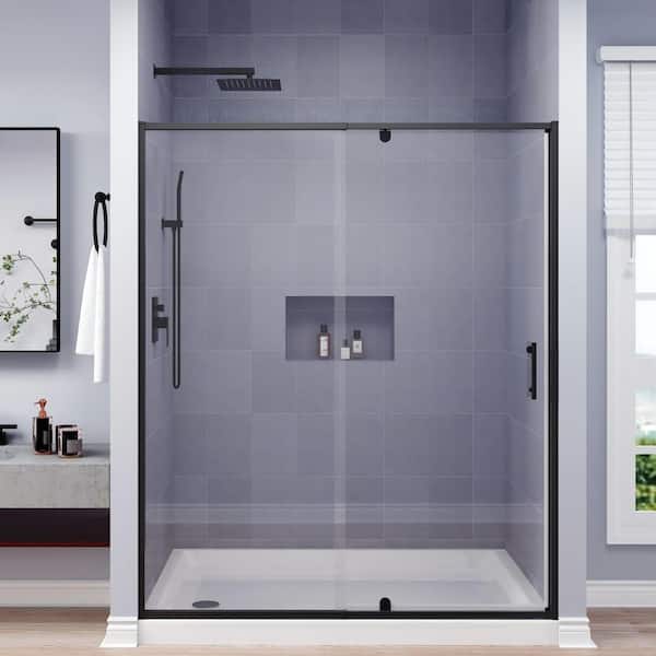 56 to 60 in. W x 71 in. H Pivot Framed Shower Door in Black with Clear Glass
