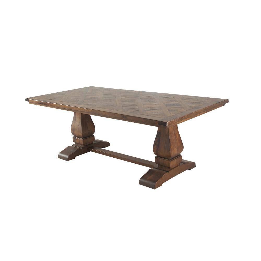 Parquet Inlay Reclaimed Pine Wood 84" Dining Table with Marble Accents