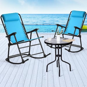 Metal Outdoor Rocking Chair Folding Chair in Turquoise Seat with Headrest