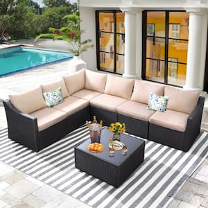 Zenpatio Brown 7-Piece Wicker Outdoor Sectional Set with Reclining Backrest and Khaki Cushions
