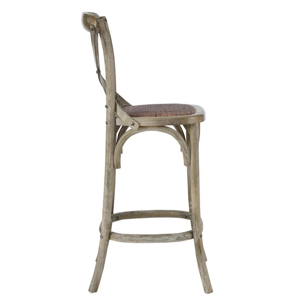 Farmhouse Charm Gray Elm Wood Counter Stool with Woven Rattan Seat