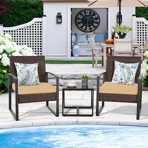 Brown 3-Piece Wicker Outdoor Dining Set with Washed Brown Cushion