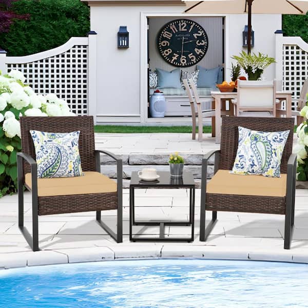 MIRAFIT Brown 3-Piece Wicker Outdoor Dining Set with Washed Brown Cushion