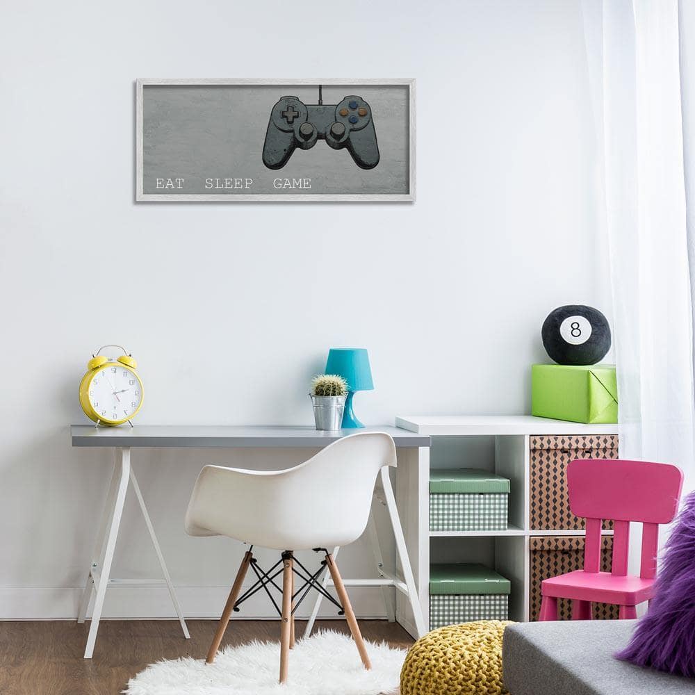 Eat Sleep Game Hobby by Kim Allen Gray Framed Typography Giclee Art Print 13 in. x 30 in.