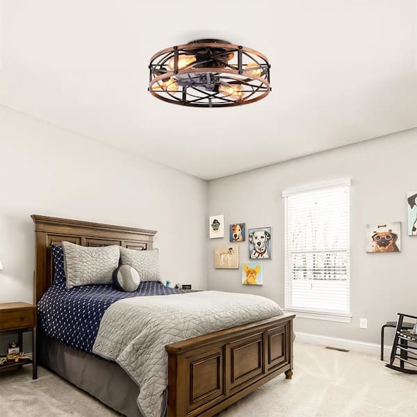 19 in. Low Profile Brushed Gold Caged Flush Mount Standard Ceiling Fans 6 Speeds Reversible Motor, No Bulbs