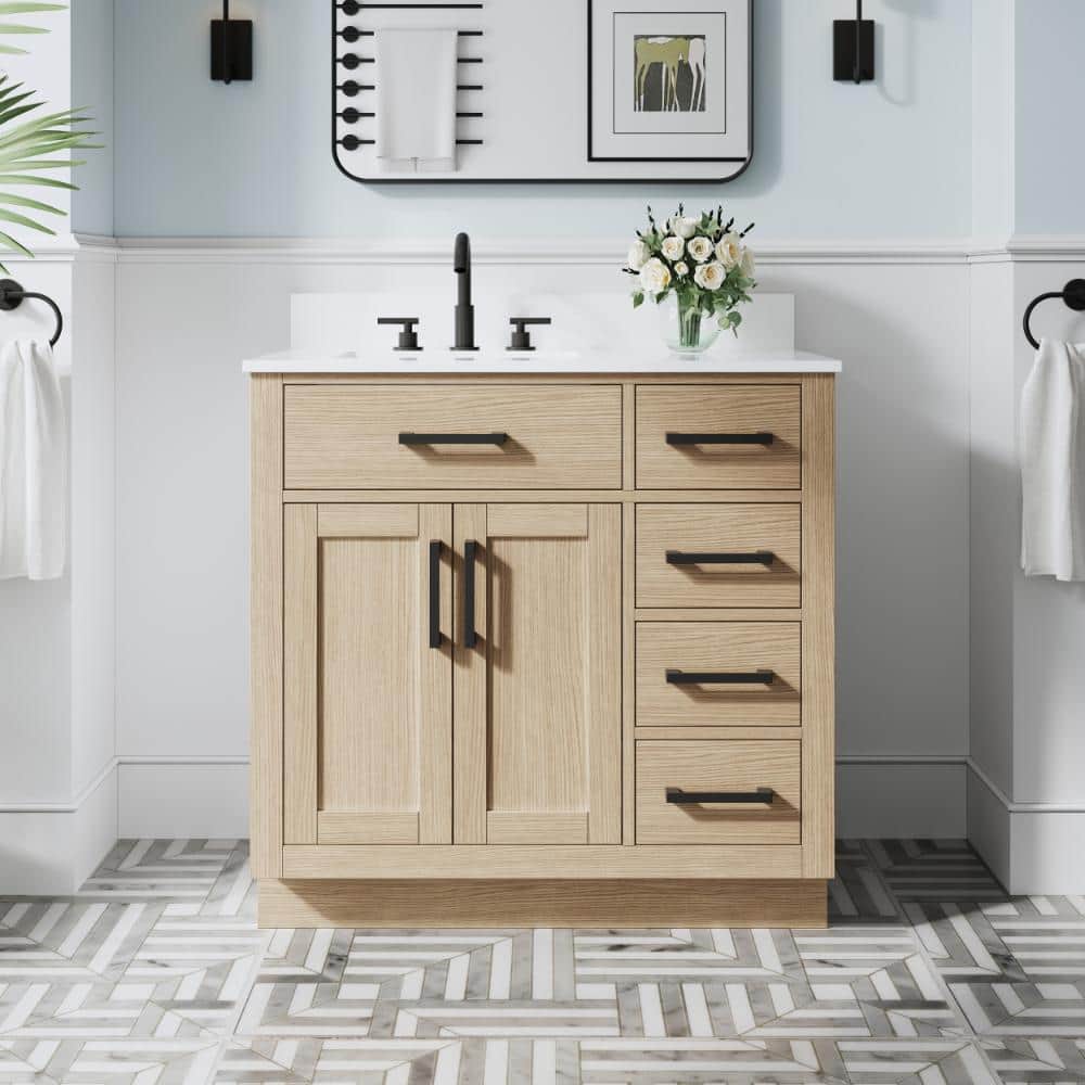 36 in. OAK Solid Wood Freestanding Bath Vanity with White Cultured Marble Top, Matte Black Pulls, Assembled price history on PriceWatchPro