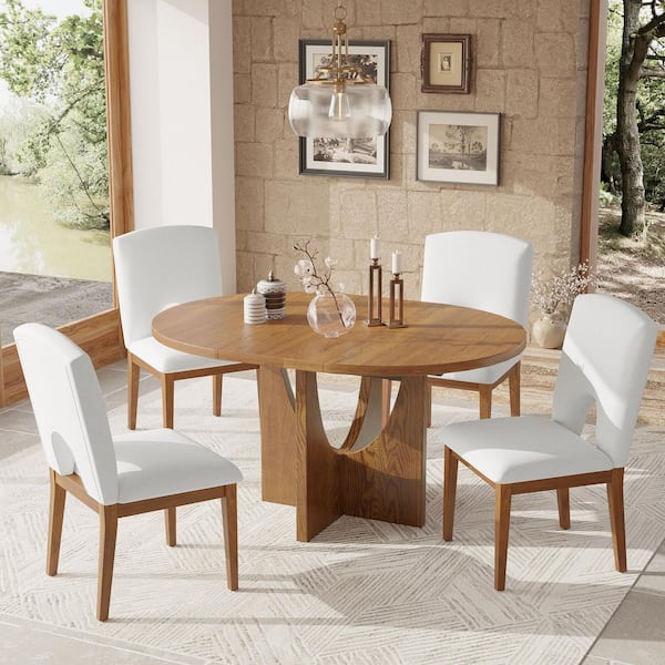 Harper & Bright Designs Walnut 5-Piece Color Wood Top Extendable Dining Table with 16.2 inch Removable Leaf, 4 Beige Linen Upholstered Chairs