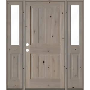 64 in. x 80 in. Rustic Knotty Alder Square Top Right-Hand/Inswing Clear Glass Grey Stain Wood Prehung Front Door w/DHSL