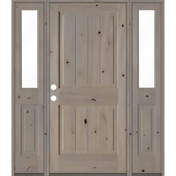 Krosswood Doors 70 in. x 80 in. Rustic Knotty Alder Square Top Right-Hand/Inswing Clear Glass Grey Stain Wood Prehung Front Door w/DHSL