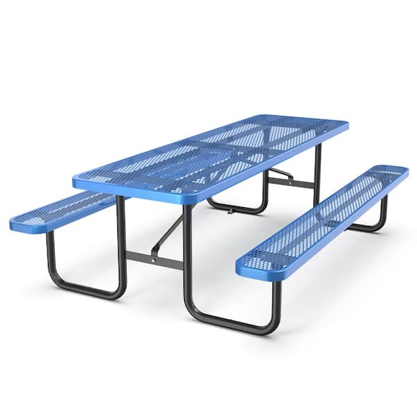 Abruzzo 96 in. Blue Rectangular Industrial-Strength Steel Picnic Table Seats 10 People