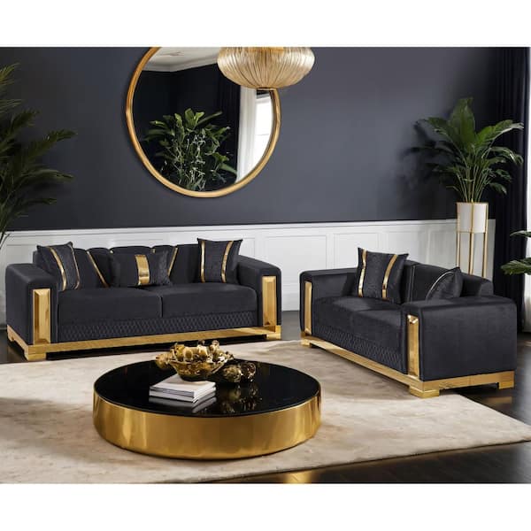 Jayda 2-Piece Black and Gold Polyester Fabric Upholstered Living Room Set with Soft Curved Track Arms and Tight Back