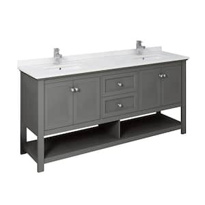 Manchester Regal 72 in. W Double Vanity in Gray Wood with Quartz Stone Vanity Top in White with White Basins