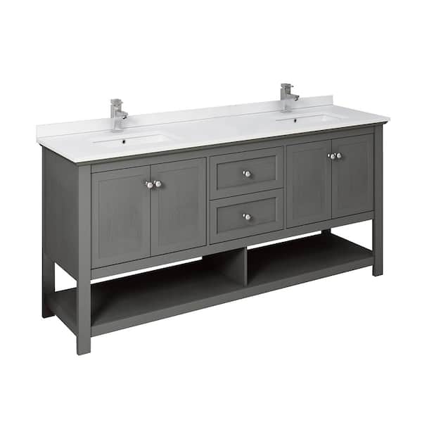 Fresca Manchester 72 in. Double Sink Shaker-Style Gray Wood Veneer Bath Vanity with White Quartz Top and Integrated Sink