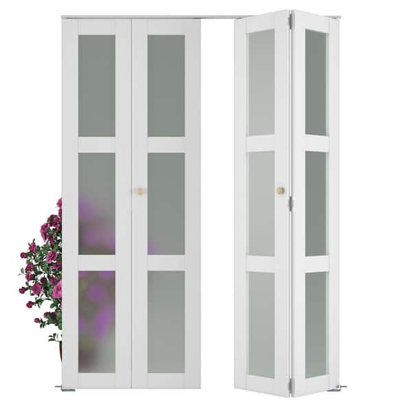60 in. x 78.75 in. 3-Lite Frosted Glass Solid Core White Finished MDF Composite Bi-Fold Door with Hardware