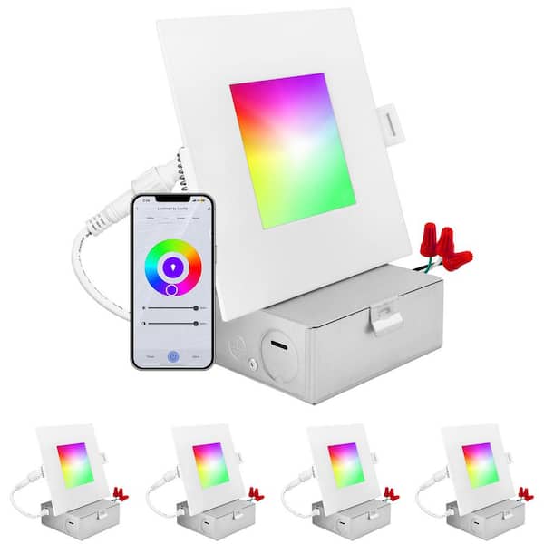 4 in. Smart Square Integrated LED Recessed Light RGBW Color Changing WiFi Compatible with Alexa and Google Home (4-Pack)