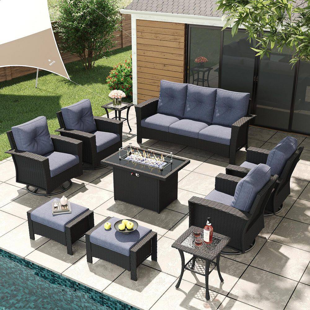 10-Piece Wicker Outdoor Patio Fire Pit Conversation Set with Navy Blue Cushions and Swivel Rocking Chairs price history on PriceWatchPro