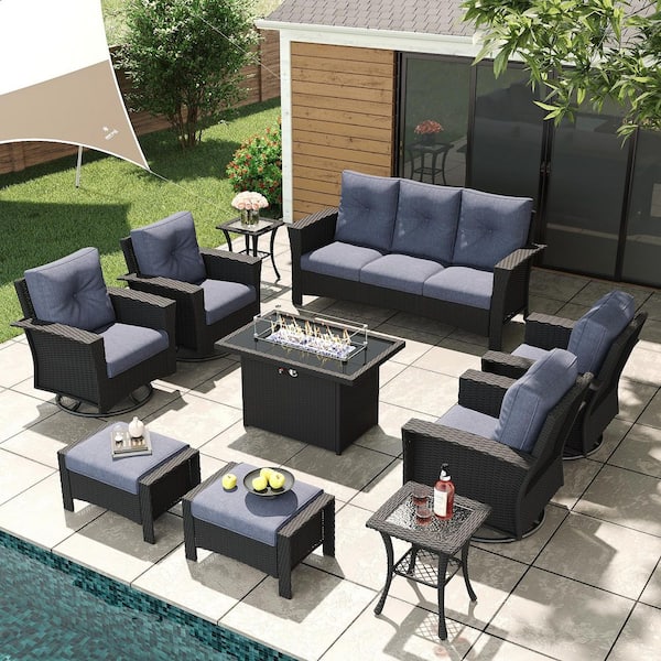 10-Piece Wicker Outdoor Patio Fire Pit Conversation Set with Navy Blue Cushions and Swivel Rocking Chairs