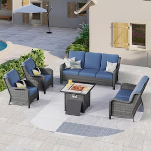 Janus Gray 5-Piece Wicker Patio Fire Pit Conversation Seating Set with Denim Blue Cushions