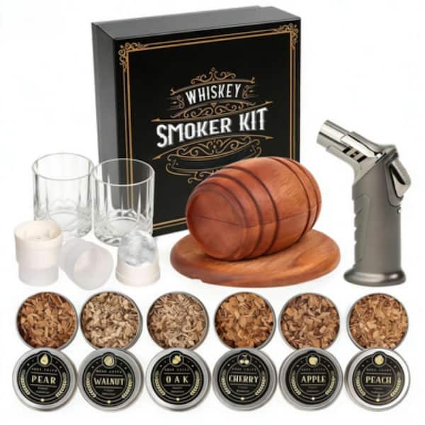 14-Piece Natural Brown Oak Wood and Metal Cocktail Smoker Infuser Kit