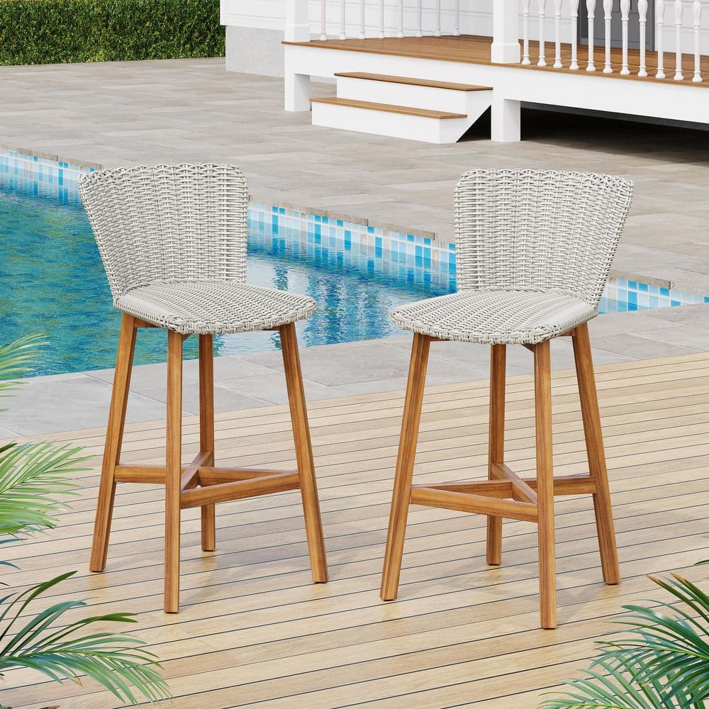 Teak Finished Wood with Light Grey Wicker A-Frame Bar Stool Outdoor Dining Chair in Light Grey (Set of 2) price history on PriceWatchPro