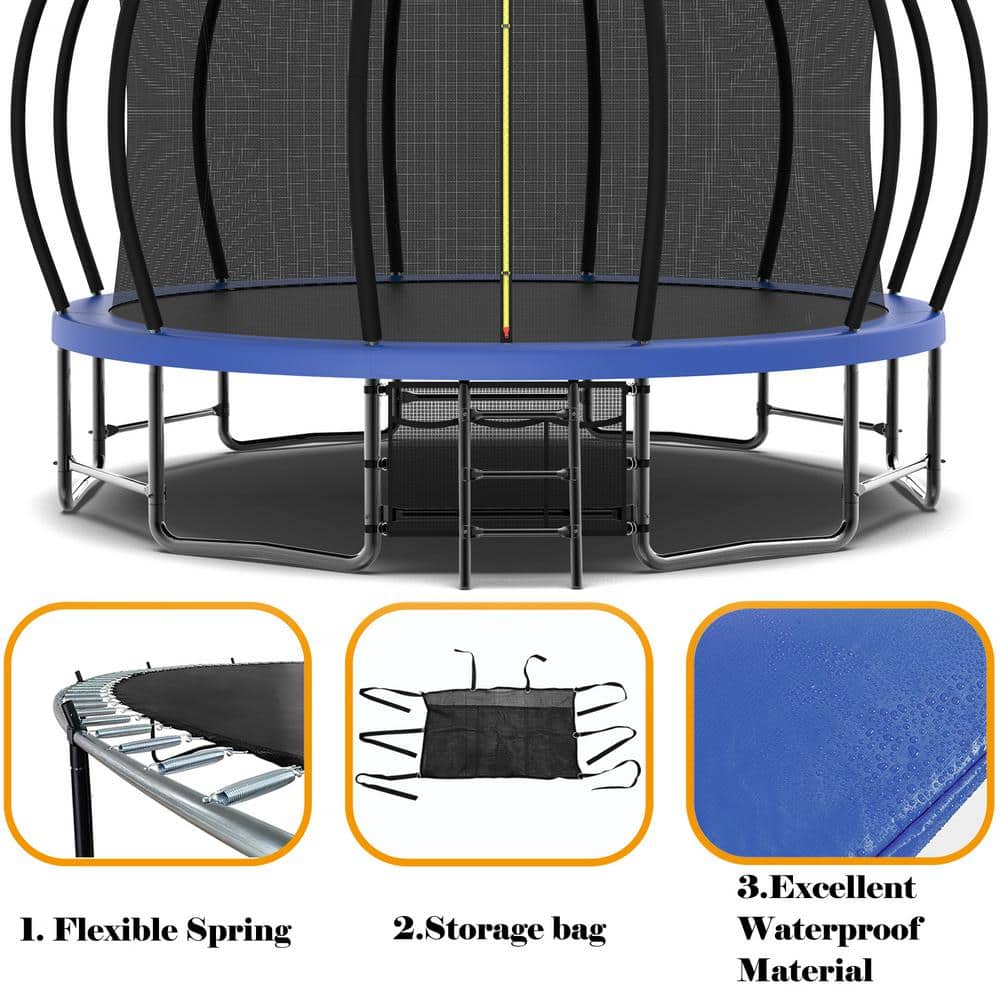Blue 16 ft. Round Outdoor Trampoline with Enclosure Net