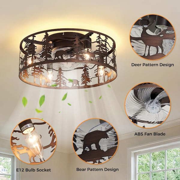 17.7 in. 4-Light Bronze Rustic Forest Flush Mount Ceiling Fan with Light, Metal Low Profile Fandelier Fan with Remote