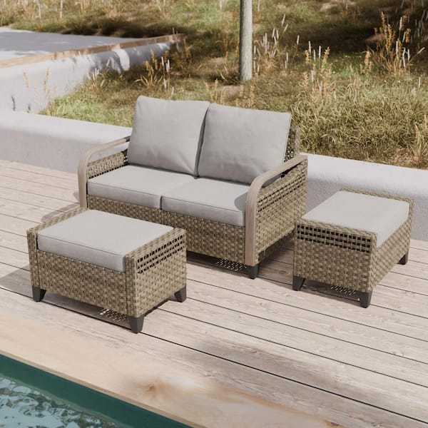 3-Piece Brown Wicker Outdoor Patio Conversation Set with Gray Cushions Loveseat and Ottomans
