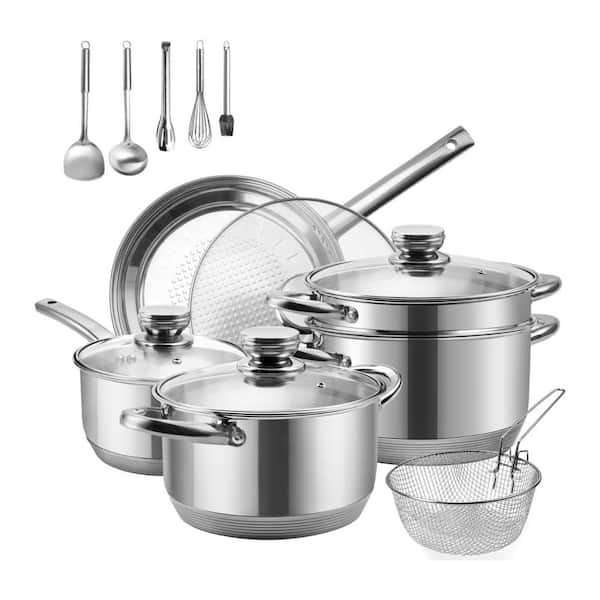 12-Piece Stainless Steel Cookware Set Silver Stay-Cool Handles Induction Compatible Dishwasher Safe Kitchen Set