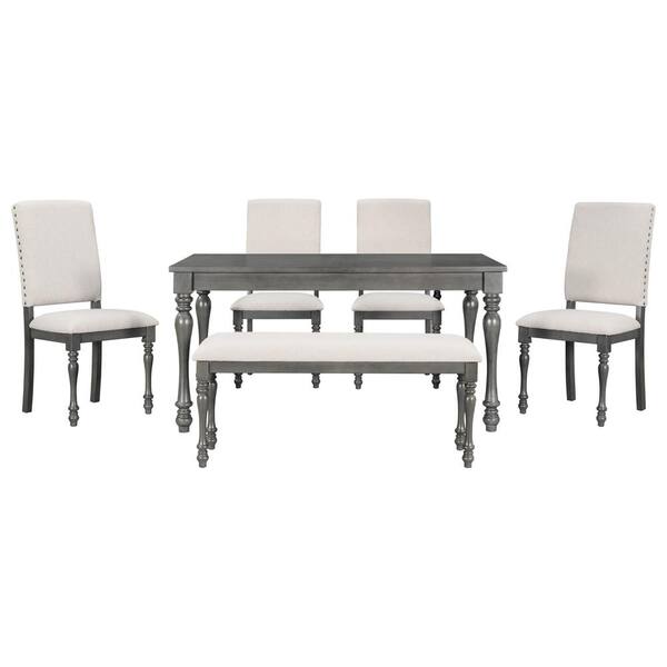 Polibi 6Piece Rectangular Gray Wood Dining Table Set Wood Top Table