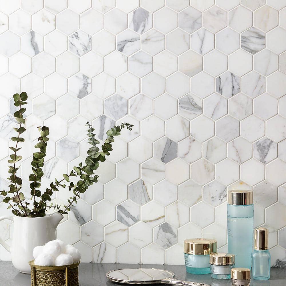 Hexagon White and Gray Marble Mosaic Tile Sheet