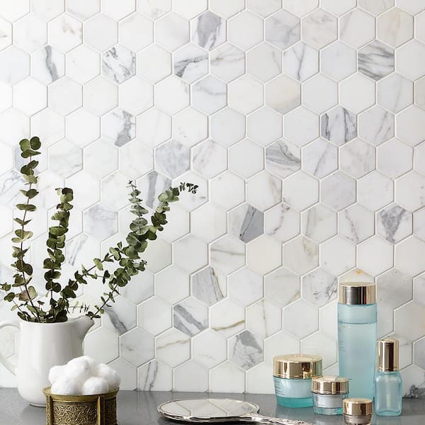 Hexagon Calacatta 11.75 in. x 12.37 in. x 10 mm Marble Mosaic