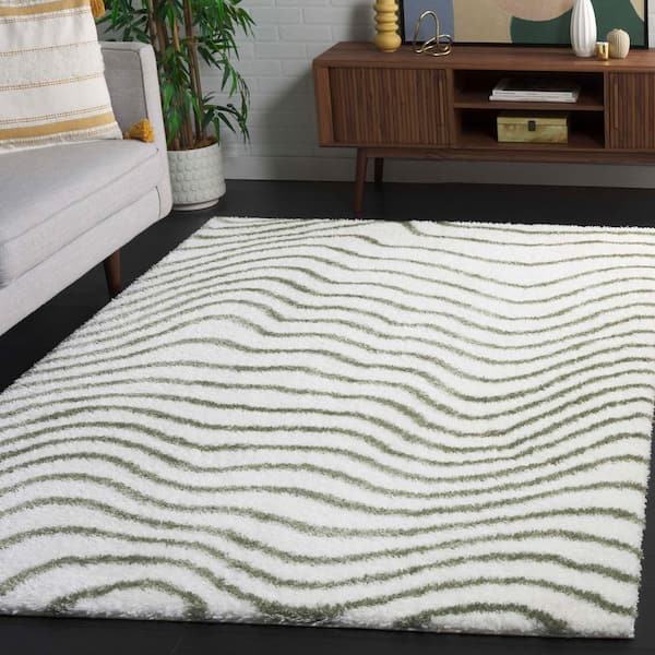 Tahoe Shag 8 ft. x 10 ft. Ivory/Green Wavy Striped Area Rug