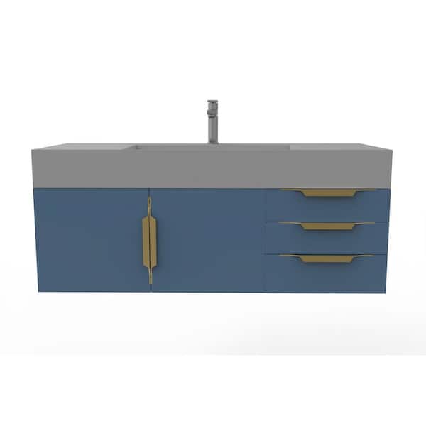 castellousa Maranon 48 in. W x 19 in. D x 19.75 in. H Single Bath Vanity in Matte Blue With Gold Trim and Gray Solid Surface Top