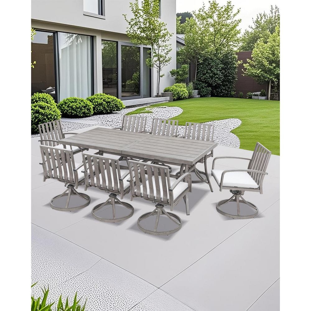Gray 9-Piece Aluminum Outdoor Dining Set with 8-Swivel Dining Chairs, Rectangular Table and Beige Cushions
