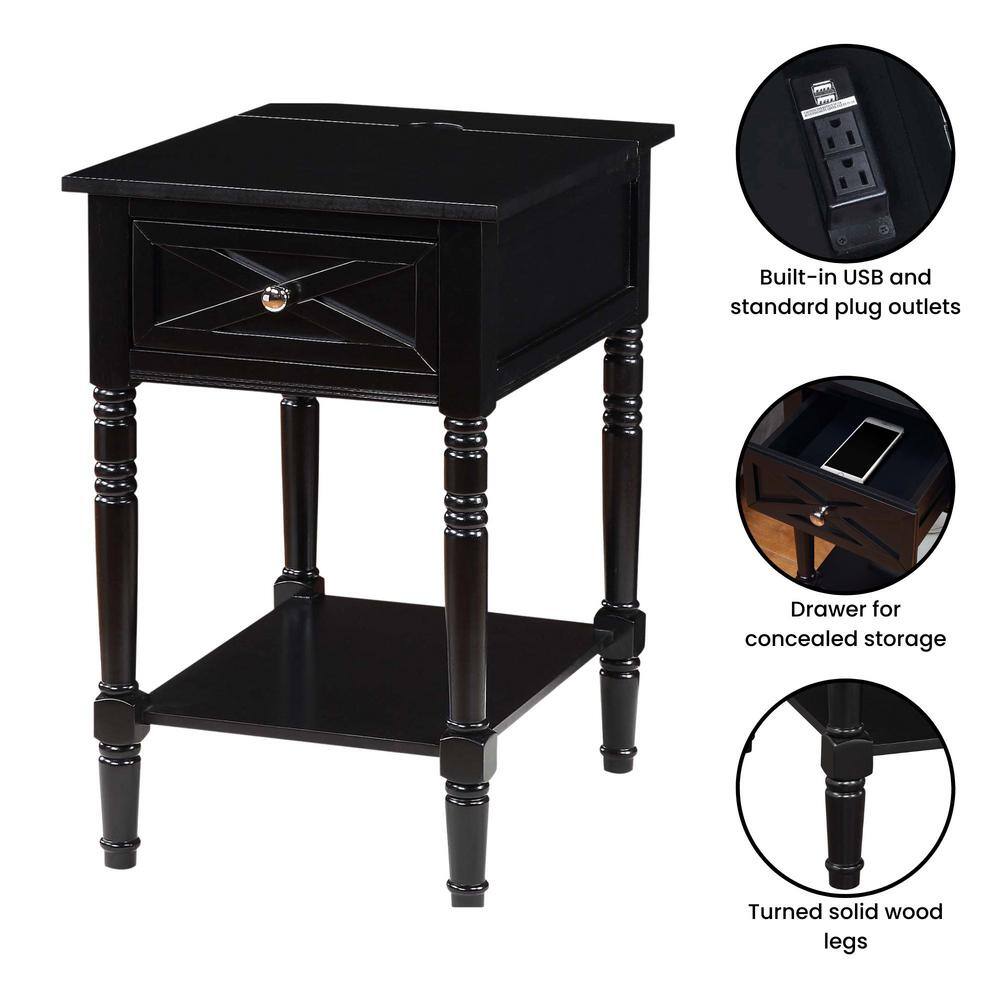 Black Wood End Table with Charging Station and Storage