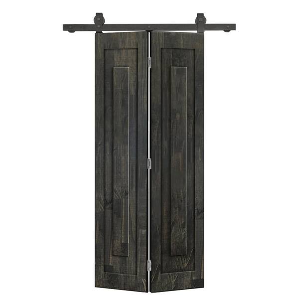 CALHOME 24 in. x 80 in. 1-Panel Shaker Hollow Core Charcoal Black Pine Wood Bi-Fold Door with Sliding Barn Door Hardware Kit