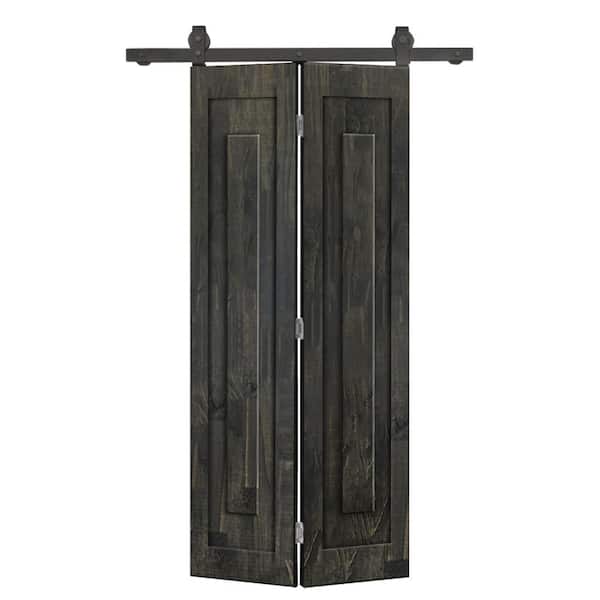 CALHOME 32 in. x 80 in. 1 Panel Shaker Hollow Core Charcoal Black Pine Wood Bi-fold Door with Sliding Barn Door Hardware Kit