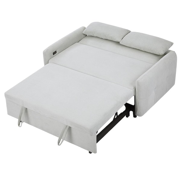 Qualler 57.5 in. Light Blue Corduroy Fabric 2-Seater Loveseat with USB Port and Pull-out Design