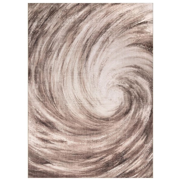 Abstract Spiral Chestnut Brown Machine Washable Non-Slip Backing 6 ft. x 9 ft. Brown Area Rug