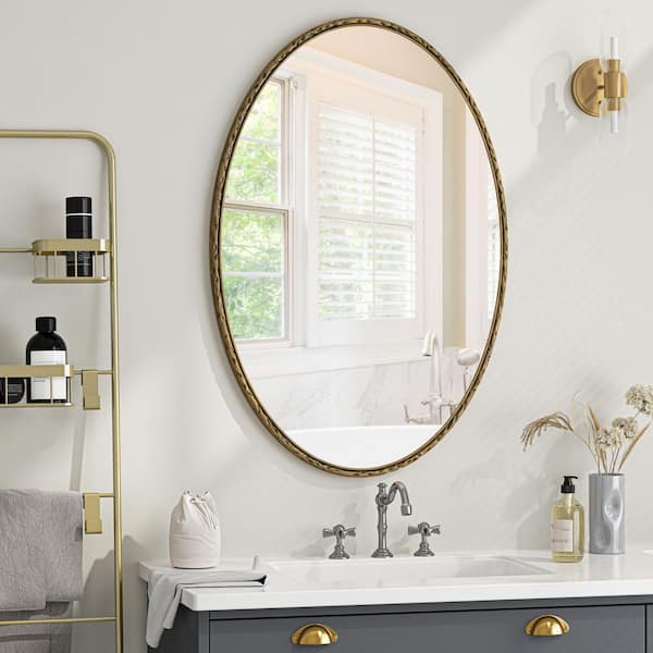 25. 6 in. W x 39. 4 in. H Iron Art Oval Metal Framed Retro Wall Bathroom Vanity Mirror in Gold