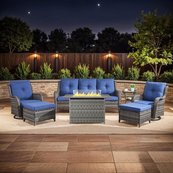 moosprr 7-Piece Gray Wicker Fire Pit Conversation Set with Olefin Blue Cushions and Swivel Glider Rocking Chairs and Couch