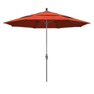 11 ft. Hammertone Grey Aluminum Market Patio Umbrella with Collar Tilt Crank Lift in Sunset Olefin