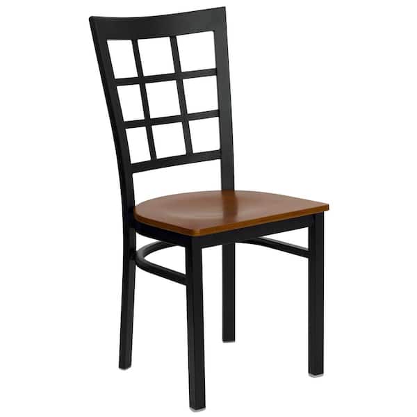 Flash Furniture Hercules Series Black Window Back Metal Restaurant Chair with Cherry Wood Seat