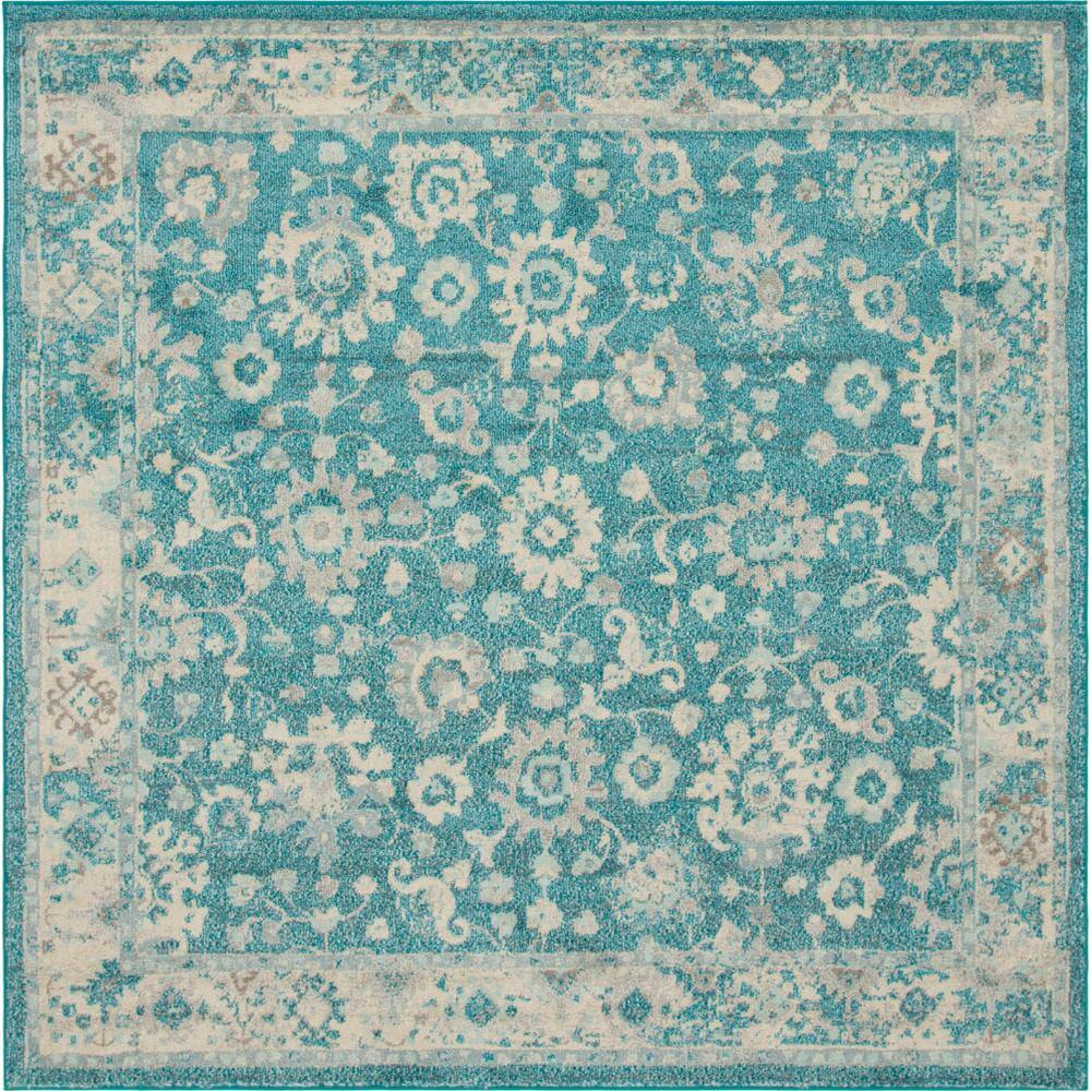 Turquoise Floral 8x8 Square Synthetic Rug for Indoor Elegance