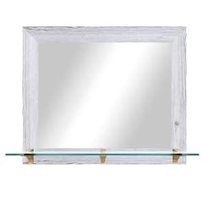 25.5 in. W x 21.5 in. H Rectangle White Distressed Horizontal Framed Mirror With Tempered Glass Shelf/Brass Brackets