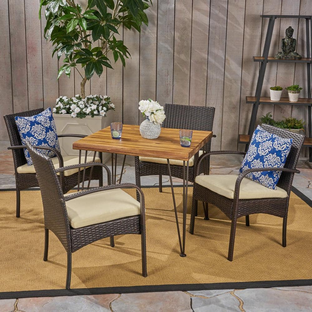 Clayton Multi-Brown 5-Piece Wood and Faux Rattan Outdoor Dining Set with Cream Cushions -  Noble House, 53081